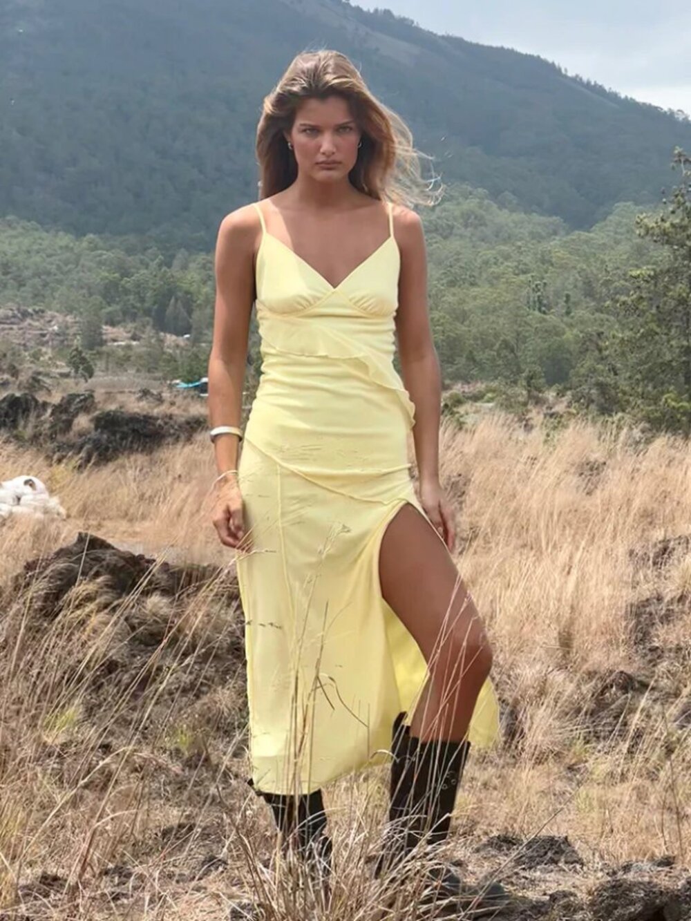 Jacy Ruffle Midi Dress in Mesh Lemon